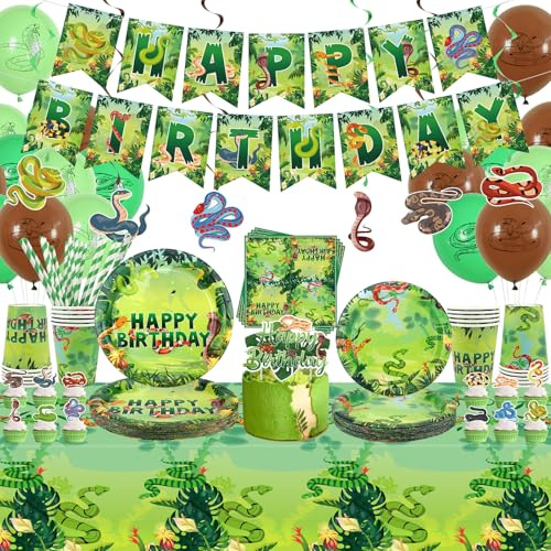 Obussgar Snake Birthday-partydekorationer – Snake partytillbehör inklusive banderoller, tallrik, kaka topp, kopp, servett, bordsduk – 20 personer (LQ)