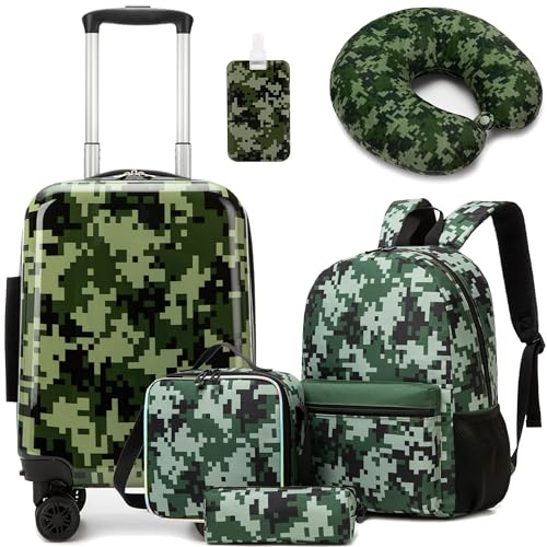 HTgroce set med 5 delar, barnresväska med ryggsäck, nackkudde, lunchväska, pennfodral & bagagelappar, resevagn med hjul för barn, hårt fodral för pojkar och flickor, B-Svart