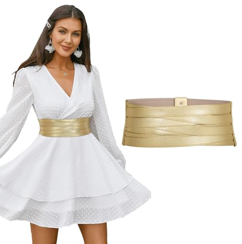 LEACOOLKEY Ceinture Large Femme en Cuir Élastique, Ceinture de Taille à la Mode pour Robes et Jeans, Cadeau Élégant pour les Fêtes, B-Oro, 90cm(Misura vita 89cm-106cm)