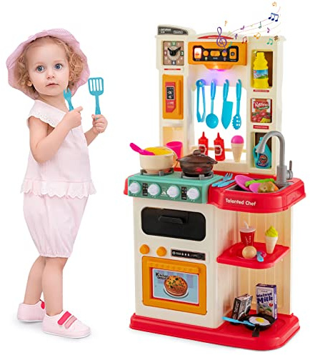 HOMASIS 65 Piece Cuisine Jouet, Ustensiles de Cuisine Accessoires avec Lumière et Son, Simulateur de Cuisine, Evier à Eau Automatique, Set de casseroles et poêles, pour Les Enfants de 3+ Ans (Rose)