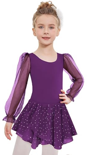 Arshiner Mädchen Ballettkleidung Dunkel Lila Ballettkleid Langarm Tanzkleid Kinder Ballettanzug Baumwolle Balletttrikot Einfarbig Tanztrikot Tanzbody mit Chiffon Tütü 140/6-7 Jahre