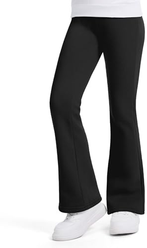 KEREDA Girls Flared Fleece Lined Leggings Kids Cotton Winter Thermal Trousers Warm Thick Plain Leggings for Children Age 5-13 Years Black Navy