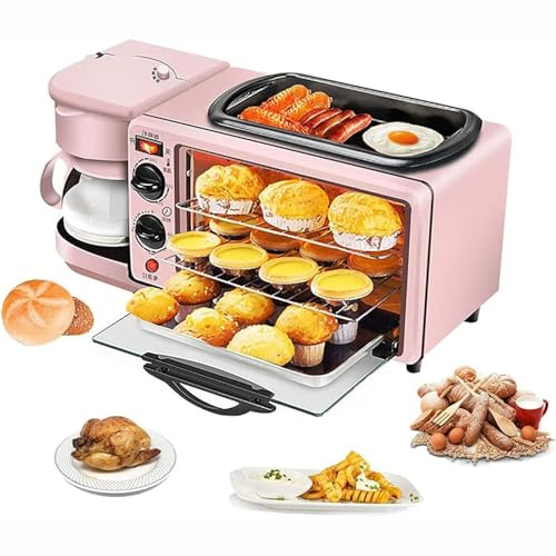 XCSCUK Estación de Desayuno, Máquina de Desayuno eléctrica, con Olla de cocción de 1.2L / Área de horneado de 9L / Cafetera, para Apartamentos Cocina (Pink)
