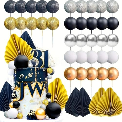 29pcs nero oro Mini Palline Topper Torta Decorazioni per Torte a Forma di Palma Topper Foam Ball Torta Adatto per anniversario buon compleanno matrimonio festa celebrazione delle vacanze