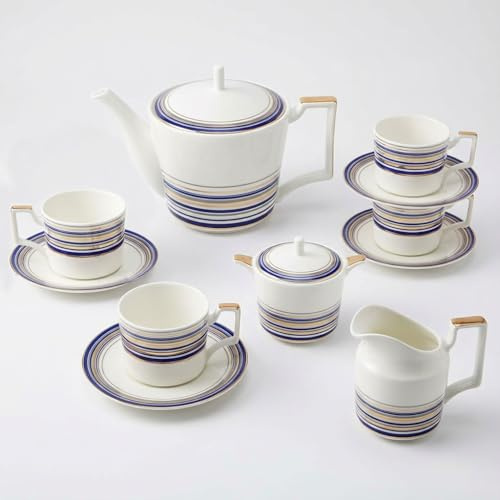 Vintage Tea Sets for Adults, Porcelain Complete Tea Sets - Golden&Blue Trim British Coffee Cups& Saucer Service for 4 with Teapot,Sugar Bowl,Creamer Pitcher for Gifts Kitchen&Party
