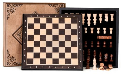 Peradix Magnetico Scacchiera in Legno con Coperchio Amovibile, Gioco di Scacchi e Dama 2-in-1 con Pezzi, Regalo Tradizionale per Adulti e Bambini