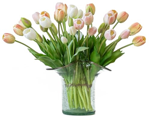DUYONE 40Pcs Artificial Tulips Flowers, Soft Touch Realistic Latex Tulips Bouquet for Home Office Wedding Party Garden Decor, Fake Flowers for Dining Table Living Room Spring-B Champagne Set