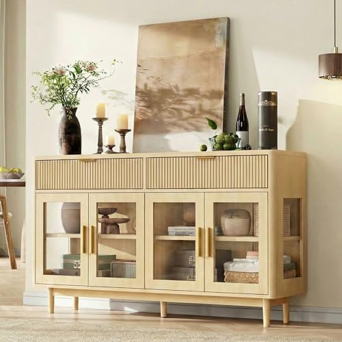 IRONCK 59'' Sideboard Buffet Cabinet with Drawers, Modern Kitchen Storage Cabinet with Adjustable Shelves and Tempered Glass Doors, Wood Coffee Bar for Kitchen, Living Room, Oak