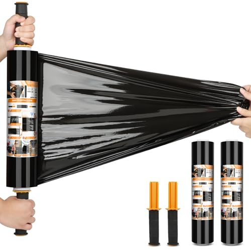 Origuuds Stretchfolie stretchfolierulle med handtag skötfolie förpackningsfolie förpackningsmaterial förpackningsfolier, stretchig pallfolie, flyttfolie för möbler (svart/38 cm x 300 m, 2 rullgardiner