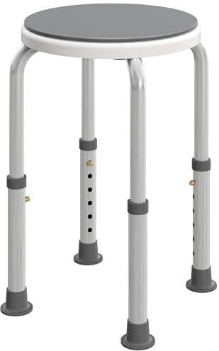 HOMCOM Tabouret de Douche Siège de Bain Hauteur Réglable 35,5-48,5 cm Pivotant à 360° en Aluminium avec Pieds Antidérapants en Caoutchouc TPR Max 135 kg Blanc et Gris