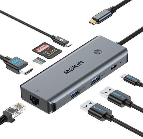MOKiN Mac Ethernet Adapter for MacBook, 8-IN-1 USB Multiport Hub 4K HDMI PD | RJ45 Gigabit Ethernet, 1x 4K@60Hz HDMI, 1x 100W PD, 1x USB-C 3.0, 2x USB-A 3.0 (5Gbps), SD/microSD, One-Touch Monitor Control