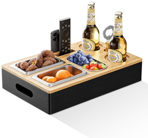 Kotsy Snack Tablett, Bambus Couchtisch Tablett mit 6 herausnehmbaren Edelstahl-Schälchen, Multifunktion Sofa Serviertablett, Snack Organizer mit Griff für Filmabend, Partys & Deko