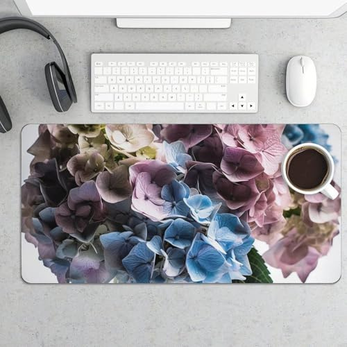 Waterproof Desk Mat 24x12 in Oversized Hydrangea Flowers Desk Pad with Non-Slip Rubber Base Smooth Surface Gaming Mousepad for Mouse & Keyboard Portable Foldable for Home Office Desktop Decor