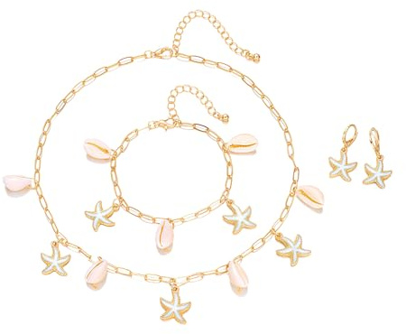 XFSRG 3 Piezas Collar Pulsera Pendientes Mujer Estrella de Mar con Concha Perlas Gargantilla para Mujer Collar Doble Cadena de Perlas Conjunto Joyería Playa (Blanco)