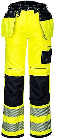 Portwest T501 Mens PW3 Hi Vis Work Trousers - Holster Pocket Workwear Safety Construction Trousers Yellow/Black, 30