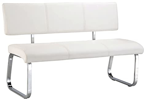 Esszimmerbank VILAS dreisitzer, weißEssbank mit Rückenlehne gepolstert für 3 Personen, Kunstleder hellgrau - Kunstleder Essbank für Küche, Metallgestell verchromt, Sitzbank für Esszimmer mit Rückenleh