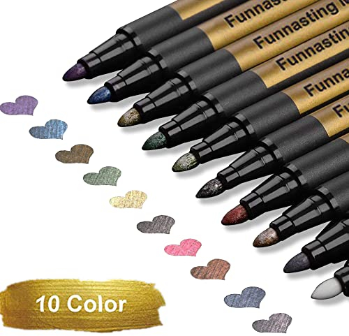 Metallic Marker Stifte, Funnasting 10 Farben Metallic Stifte für Fotoalbum, Glitzerstifte zum kerzen bemalen, glitzer filzstifte für Holz Stein Gästebuch, runde Spitze