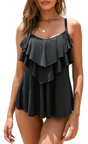 WIN.MAX Tankini Swimwear Women High Waist Ruffles Set 2 Piece Bikini Set Swimsuit Plus Size Swimsuit (svart,42)