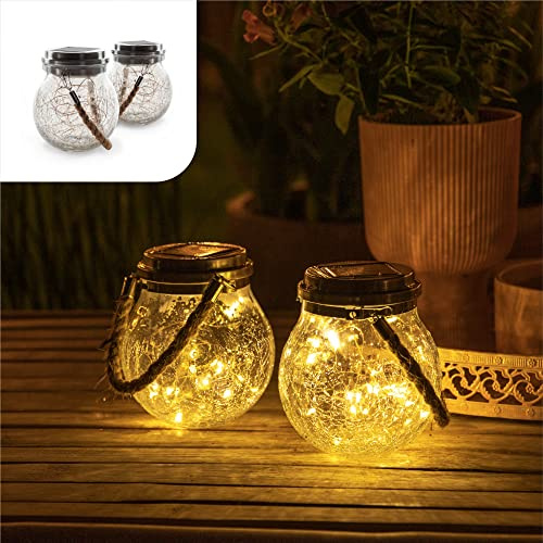 Gadgy Solar Glaskugeln zum Hängen, 2er Set, Solar Laterne für außen, dekorative Hängelaterne mit LED Lichterkette, stylische Deko für Garten, Balkon oder Terrasse