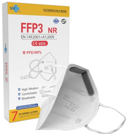 SV life 20 pz. Mascherina FFP3 a 7 Strati, Certificata CE | Alta Protezione >99% | Confezione singola, non Riutilizzabile, taglia Adulto, senza Valvola, colore Bianco