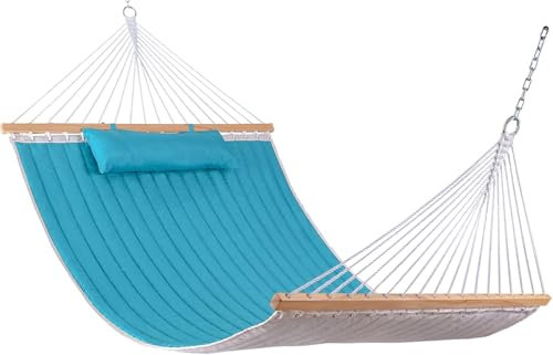 Lazy Daze Hammocks Quilted Fabric Hammock with Spreader Bar, 2 Person Double Hammock with Pillow and Chains, 450 lbs Capacity (Blue)