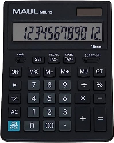 MAUL Kaufmännischer Taschenrechner MXL12 | 12 Stellen | inkl. Steuerberechnung | angewinkeltes Display |großer Profi-Tischrechner | Solarbetrieben | inklusive Batterie | 20,5 x 15,5 cm | Schwarz