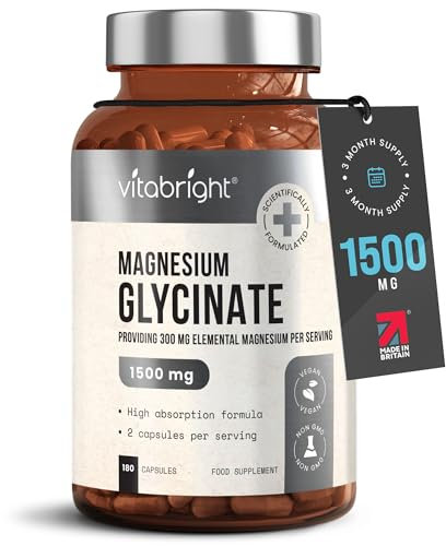 VitaBright Magnesium Glycinate | 180 Capsules | 2 A Day | 1500mg Mag Bisglycinate | 300mg Elemental Mag | High Strength Magnesium Supplements for Women - Men - Adults