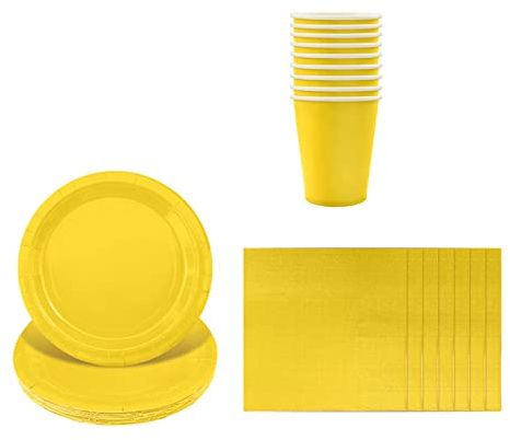 Aisszhao Solid Color Yellow Tableware Set Decor,20 Paper Napkins 16 Paper Cups 16 Paper Plates in Yellow,Disposable Paper Tableware Birthday Decorations for Adults Party,Kids Party AZCSCJ0308