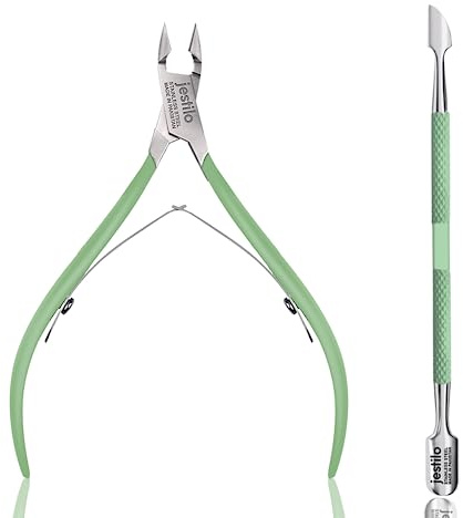 Jestilo Cuticle Remover Tool Set with Cuticle Cutter and Cuticle Pusher - Stainless Steel Professional Cuticle Nipper and Pusher Nail Care Tools for Salon and Level Mani-Pedi at Home (Green)