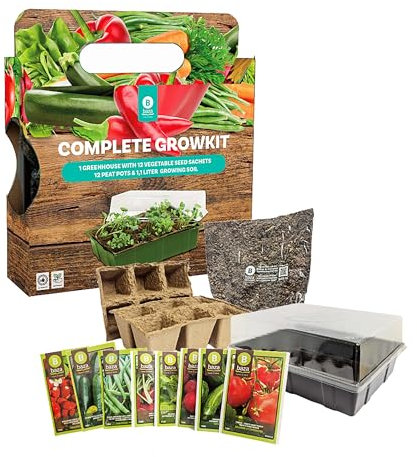 Vegetable Complete Growkit for Gardening Gifts - Grow Your Own Kits of 12 Vegetable Seeds, Greenhouse Accessories - Peat Pots & Soil for Garden Gifts