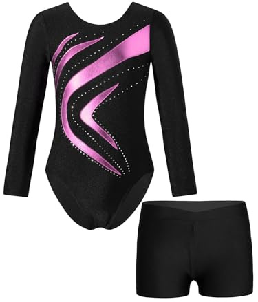 YiZYiF Mädchen Turnanzug Langarm Metallic-Kurvenmuster Trikot Gymnastik Shorts Set Kinder Ballett Tanzoutfit Wettbewerb Trainingsanzug A_Rosa 158-164