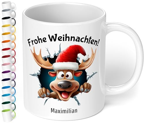 True Statements Weihnachtstasse mit Namen personalisiert „Frohe Weihnachten!“ - mit 3D Rentier-Motiv - 330ml Keramik Kaffeebecher mit Spruch – Geschenk für Kollegen & Familie (Weiß)