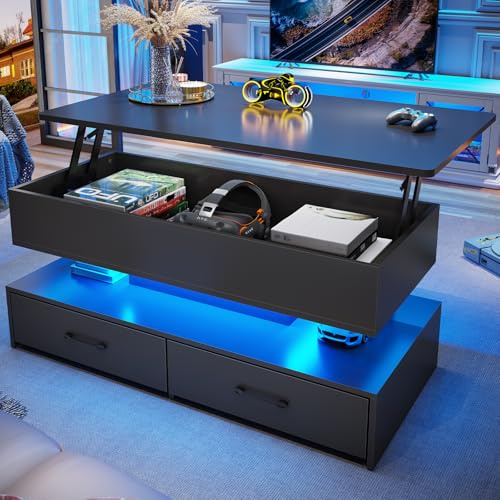 SEDETA 40 Lift Top Coffee Table, Coffee Tables with Storage for Living Room, Small Coffee Table with 2 Drawers & LED Light for Dining Reception Room, Black