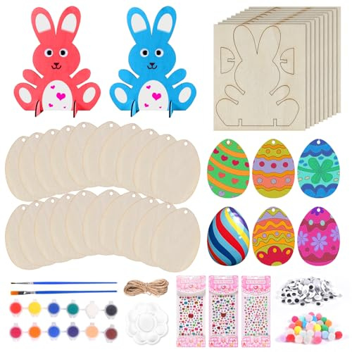 FGen 116PCS DIY Ostern Bastelset Kinder,Ostern Basteln Set Für Kinder, Osteranhänger Holz,DIY Ostern Deko,Buntes Holz-Ei-Hasen-Küken Mit Pinsel Und Diamanten, Bunt