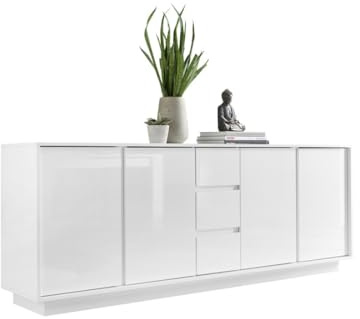 PRICE FACTORY just for you Buffet 4 Portes et 3 tiroirs, Collection Cream, Coloris Blanc laqué Brillant.