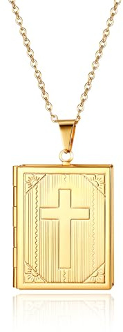JewelryWe Schmuck Edelstahl Foto Medaillon zum Öffnen Photo Bilder Amulett Silber/Gold Quadrat Quadratisch Book Buch Anhänger Halskette Kette für Herren Damen - Kostenlose Gravur
