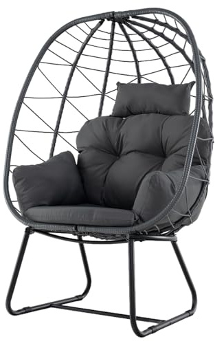 COSTWAY Fauteuil Oeuf sur Pieds avec Support en Métal, Hamac Balançoire sur Pied en Rotin PE avec Coussin Épais et Appui-Tête, Chaise Hamac pour l'Intérieur et l'Extérieur, Charge 150 KG (Gris)