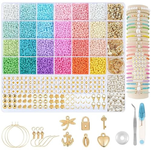 MPXEAVG 3mm Perlen Set für Armbänder, 7800Beads & Zubehör, Buntes Perlen-Armband, 24 Farben Perlen 25 Art Zubehörteile, Ohrringe Basteln Set, Erwachsener DIY-Armband