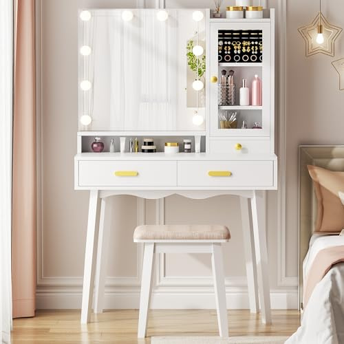 ANWBROAD Schminktisch mit Beleuchtung Schminktisch mit Spiegel und Hocker in 3 Farben LED-Beleuchtung Kosmetiktisch mit Schmuckkabinett Eitelkeit für Mädchen Frisiertisch Modern Weiß BDT73W