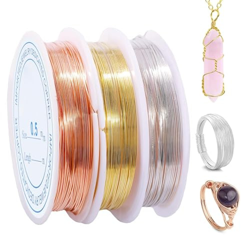 Lot de 3 fils à bijoux en acier inoxydable, 0,5 mm de fil de cuivre pour la fabrication de bijoux, travaux manuels, ornements et décorations florales, Argent+Or+Rose