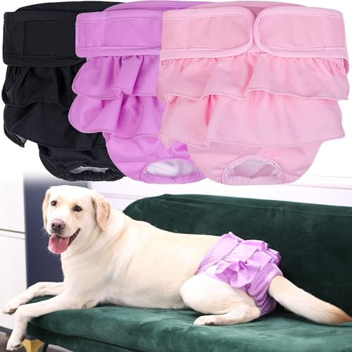 XFLYP 3 Stück Wiederverwendbare Hundewindeln, Läufigkeitshose für Hündinnen Hochsaugfähige, Waschbare, Einstellbar und umweltfreundliche, Hygienische Hundewindeln für Inkontinenz Hund(Einfarbig XL)
