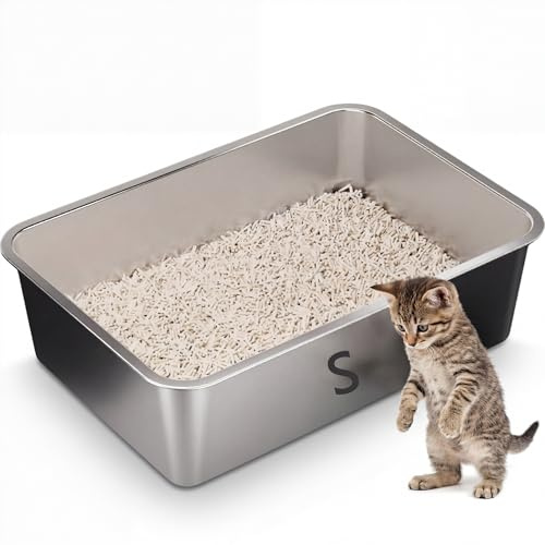 Suhaco Stainless Steel Cat Litter Tray High Sided Litter Box Kitten Litter Trays for Rabbits & Small Cats Litter Boxes (S/45 * 35 * 10cm)