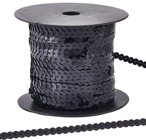 CABODYALS 100 Yards Schwarzer Paillettenband zum Aufnähen Paillettenbesätze Kunststoff Metallisch Glänzend Glitzernd Flaches Runde Perlenband Mit Spule Zum Nähen Herstellen von Fliegen Taschen Weihnac