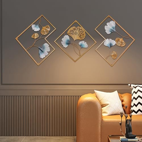 Fermoirper väggbild väggdekoration metallbild 3 ginkgoblad väggdekoration set gyllene väggmontering väggdekoration 164 x 2 x 70,5 cm