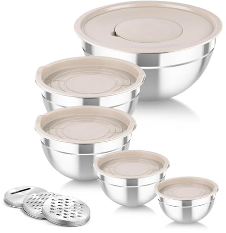 TeamFar Mixing Bowls with Airtight Lids, 5PCS Stainless Steel Metal Salad Bowl with 3 Grater Attachments, for Cooking, Prepping, Serving, Healthy & Easy Clean - 0.7/1/1.5/2.6/4.6QT, Khaki