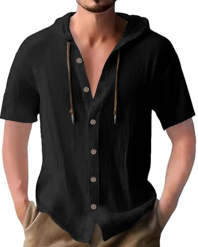 PRIVIMIX Chemise pour Hommes Manches Courtes Boutonnée Chemises à Capuche Lin Coton Regular Fit Été Plage Shirt