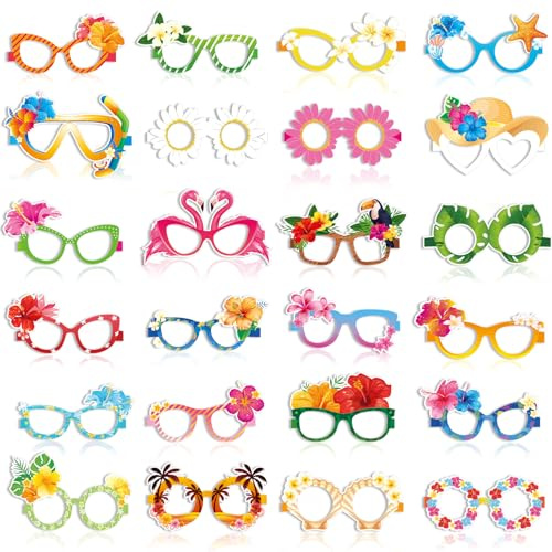 DPKOW Occhiali da Festa Hawaiane in 24 stili, Divertenti Occhiali di Carta a Forma di Ibisco, Accessori per Bomboniere Hawaiana Tropicale per Adulti e Bambini, Accessori per Costumi con Fiori Hawaiani