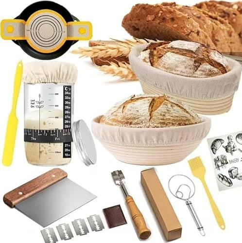 Sourdough Starter Kit, Sourdough Bread Baking Supplies with 2 Bread Proofing Baskets for Sourdough, 36oz Sourdough Starter Jar, Bread Lame, Dough Scraper, Dough Whisk & Silicone Bread Sling