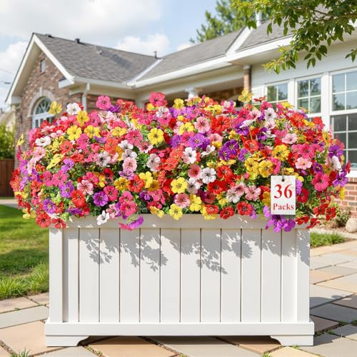 Alupssuc 36 Bundles Artificial Flowers Outdoor, Mixed 6 Colors Violets | Silk Flower, UV Resistant No Fade Fake Plants, for Window/Hanging Basket/Garden/Porch/Balcony/Home/Vase Decor