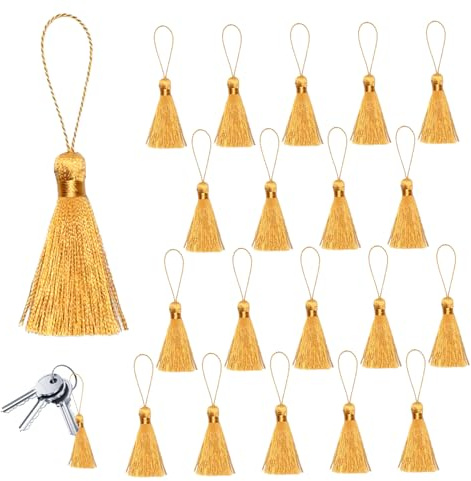 Tassels 20Pcs 2inch DIY Bookmark Tassels Gold Yellow Mini Keychain with Hanging Loop for Crafts Fan Decoration Jewelry Making